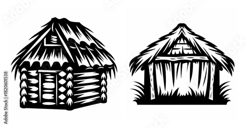 Rustic primitive huts simple log cabin and thatch roof shelter designs