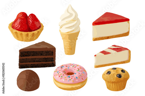 Diverse collection of popular sweet treats and baked goods on white background