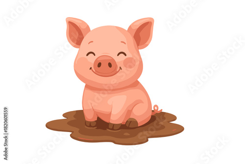 Adorable happy pink piglet sitting in a brown mud puddle isolated on white background