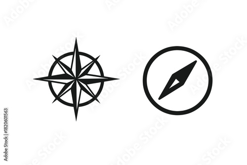 Detailed compass rose and simple magnetic compass symbols for navigation