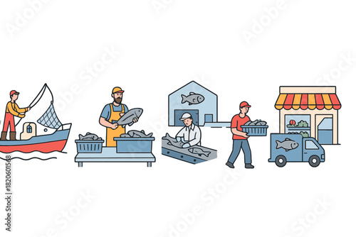 Complete fish supply chain steps from ocean fishing and factory processing to market delivery