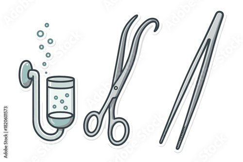 Specialized equipment for aquatic plant care and tank setup including curved scissors and long tweezers