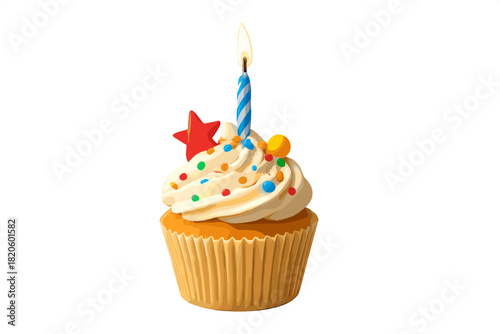 Birthday cupcake with vanilla frosting, colorful sprinkles, a red star, and a lit striped candle
