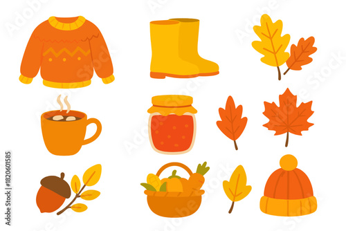 Cozy autumn set featuring warm clothing, hot drink, harvest food, and colorful fall leaves