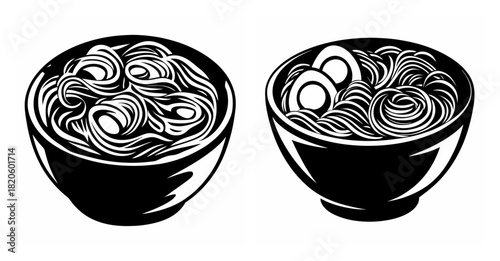 Two black and white bowls of delicious ramen noodles with eggs symbolizing japanese cuisine and comfort food