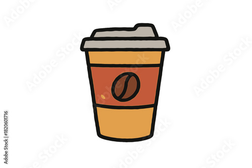 Stylized takeaway coffee cup with a lid and coffee bean graphic on the label