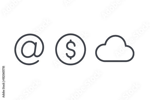 Digital communication, finance, and data storage symbols: Email, currency, and cloud icons