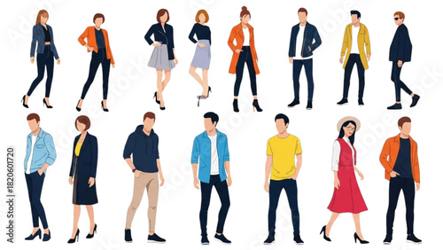 A diverse collection of young men and women characters dressed in stylish, modern casual outfits