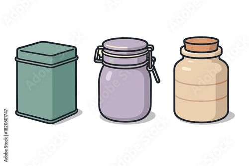 Kitchen storage containers set including metal tin, glass jar, and corked bottle