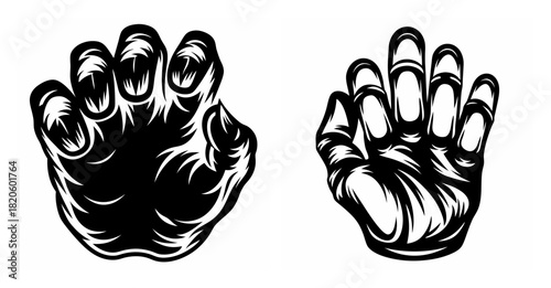 Two black and white hand gestures showing open palms with detailed shading and outline art style