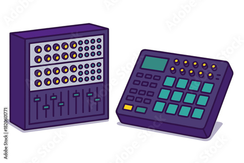 Electronic music production equipment featuring a modular synthesizer and drum machine controller