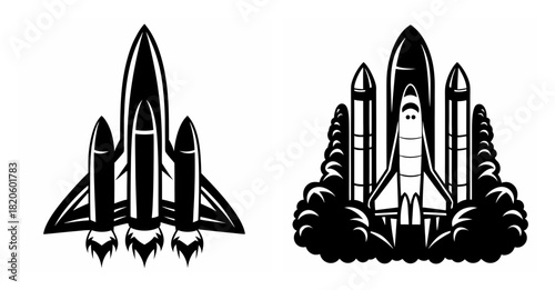 Two stylized rocket designs showing launch sequences with fiery exhaust and smoke trails black and white