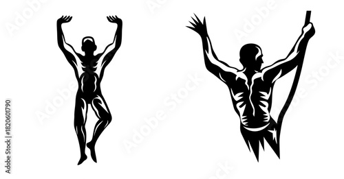 Silhouette of two athletic men reaching upward capturing the essence of strength and determination