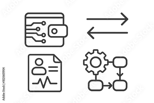 Outline symbols for digital finance data exchange personal profile and workflow process concepts