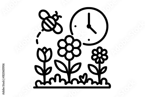 Bee flying near blooming flowers and a clock face representing seasonal timing