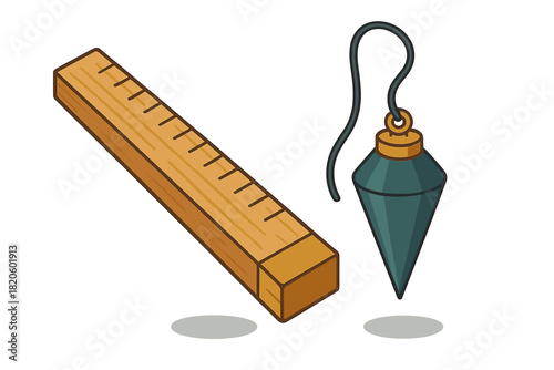 Isometric view of a wooden ruler and plumb bob used in construction and carpentry