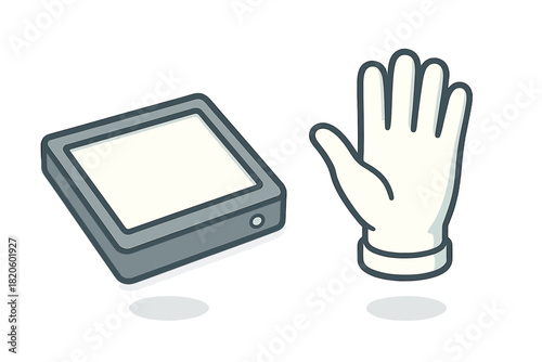 Digital drawing tablet device next to open hand gesture for creative design work