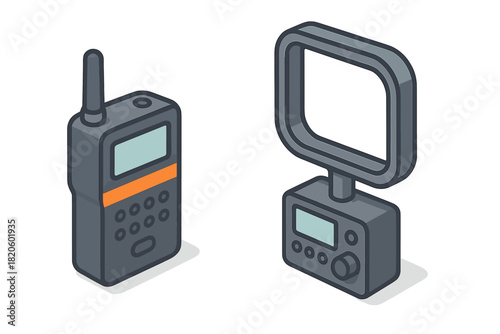 Set of portable communication radio and field recording device icons in isometric style