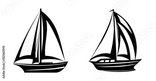 Two detailed sailboats in black and white outline capturing maritime elegance and nautical adventure