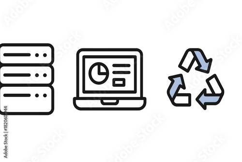 Data center server racks, business analytics dashboard on laptop, and global recycling symbol icons