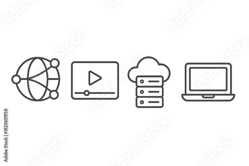 Digital technology and communication symbols featuring global network cloud server and laptop computer