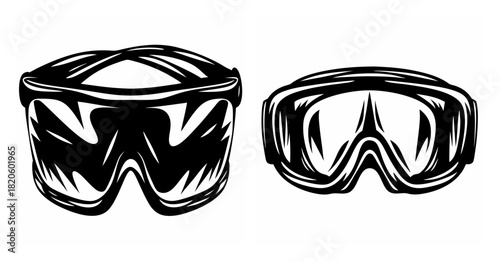 Two pairs of protective goggles with thick black frames and clear lenses for safety and eye protection