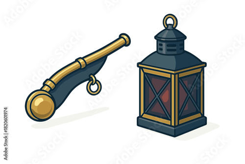 Antique naval hand cannon and vintage ship lantern set against a white background