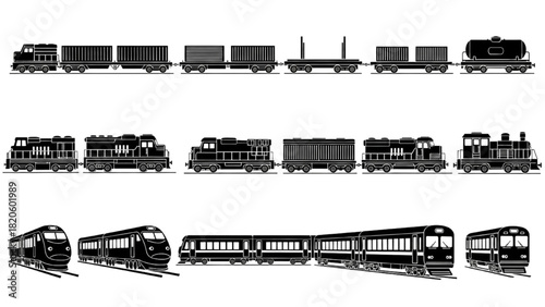 Collection of Diverse Train Types and Wagons in Black and White