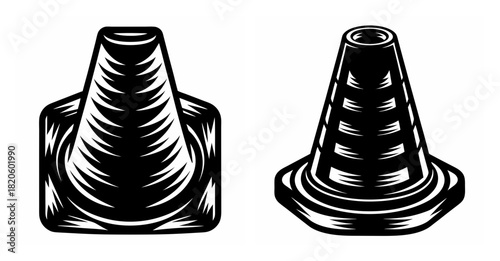 Two detailed monochrome safety traffic cones in different styles shown side by side for comparison