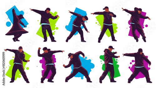Energetic Street Dance Moves Collection with Stylized Graphic Design Elements on White Background
