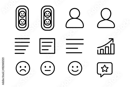 Simple outline icons set including user profile, menu lists, growth chart, and satisfaction ratings