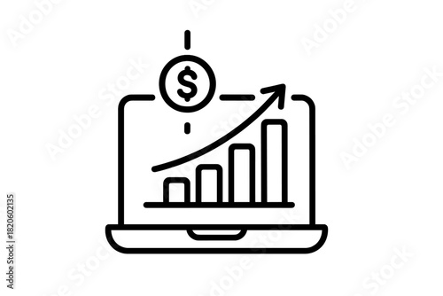 Laptop screen showing a rising bar graph with an upward trend and dollar sign icon