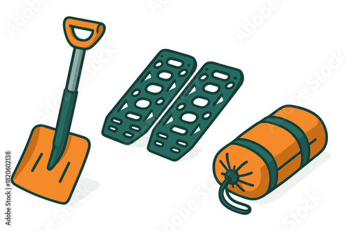 Essential outdoor emergency kit featuring snow shovel, vehicle traction boards, and survival mat