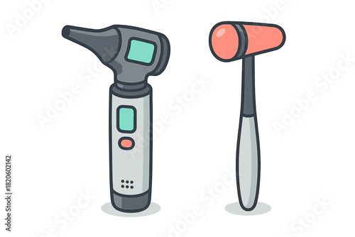 Otoscope and reflex hammer medical examination instruments used for clinical diagnosis