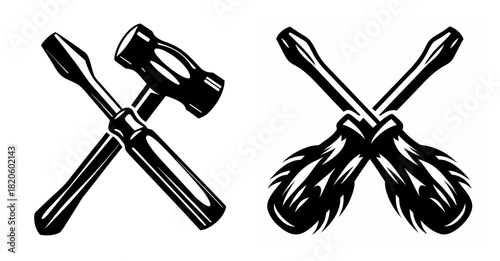 Crossed screwdrivers and hammer design symbolizing repair renovation construction manual labor