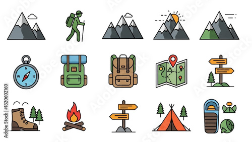 Outdoor Adventure Icons Camping, Hiking, and Navigation Set