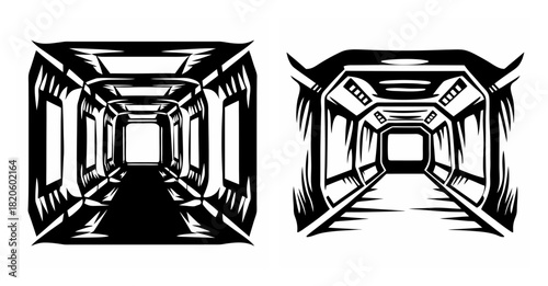 Futuristic sci-fi corridor perspectives linear perspective digital art stylized drawing