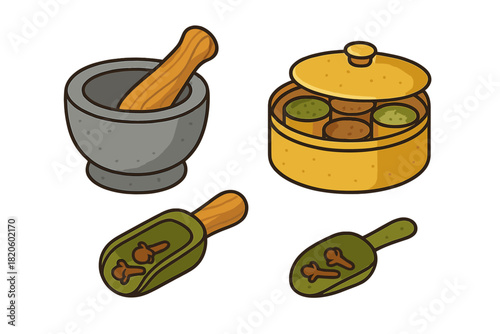 Stone mortar and wooden pestle set next to a yellow spice container and cloves