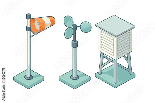 Essential weather monitoring tools in isometric view: windsock, anemometer, and Stevenson screen