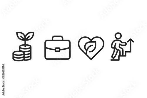 Business success and financial growth concepts including sustainability, career development, and work briefcase