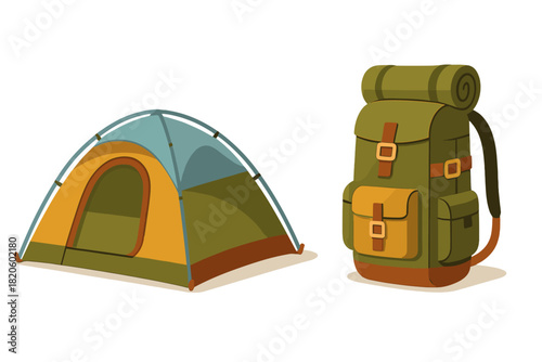 Dome camping tent and large travel backpack representing essential outdoor gear for trekking