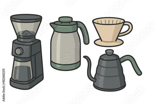 Modern coffee brewing equipment set featuring grinder, gooseneck kettle, dripper, and thermal server