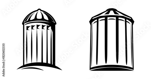 Two distinct agricultural grain silos shown in a simple sketch representing rural storage solutions and farming imagery