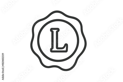 Black and white outline of a decorative wax seal or certification badge featuring the capital letter L