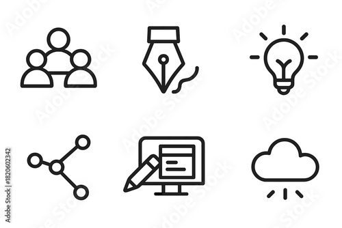 Essential business and technology line icons for teamwork, creativity, and digital content creation