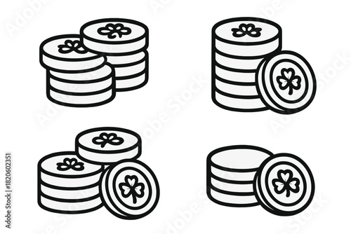 Four black and white line art icons showing stacks of lucky shamrock coins