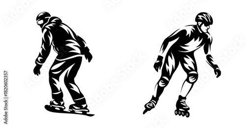 Dynamic duo snowboarder and rollerblader in action dynamic duo showcasing winter and summer sports contrast