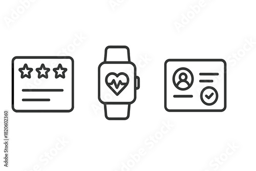 Collection of outline icons for rating, fitness tracking, and identity verification concepts