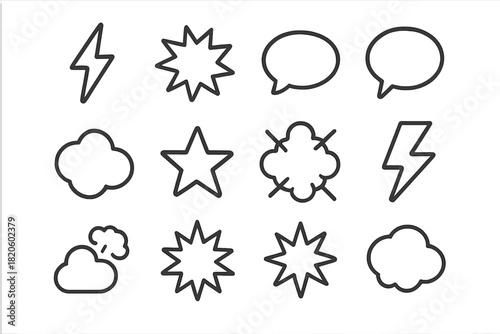 Outline comic effects set featuring speech bubbles, lightning bolts, and explosions