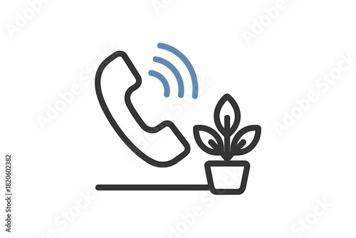 Ringing telephone handset next to a small potted plant symbolizing environmental contact